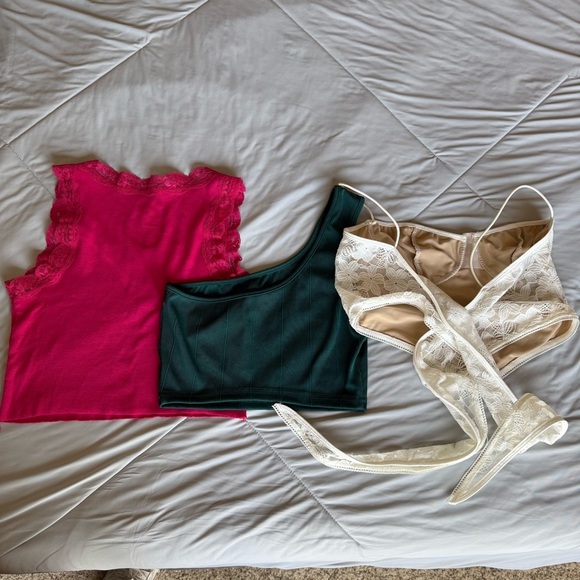 SHEIN Pink, Green, and White Crop Top Tanks One Shoulder Lace Bundle - Picture 5 of 8